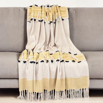 50" X 60" Yellow and Ivory Woven Cotton Striped Throw Blanket with Tassels HomeRoots