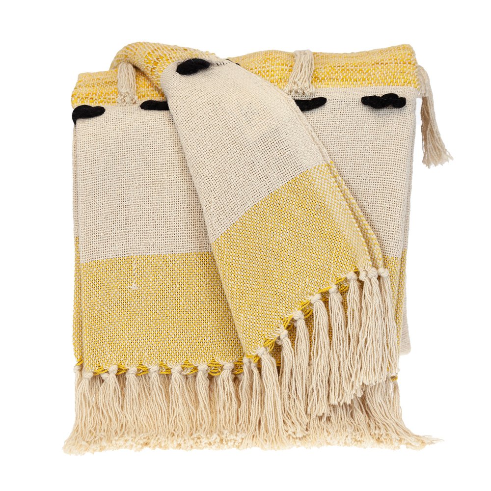 50" X 60" Yellow and Ivory Woven Cotton Striped Throw Blanket with Tassels HomeRoots
