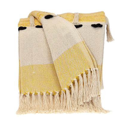 50" X 60" Yellow and Ivory Woven Cotton Striped Throw Blanket with Tassels HomeRoots