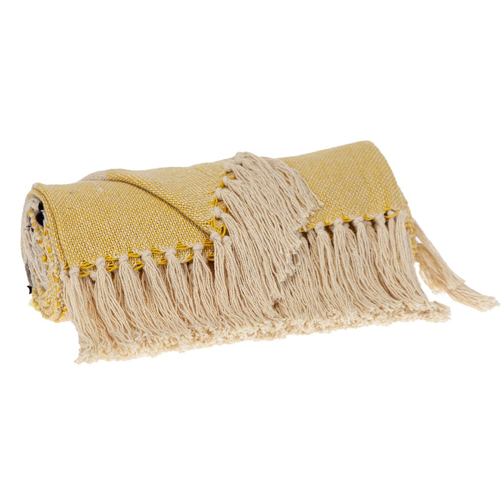 50" X 60" Yellow and Ivory Woven Cotton Striped Throw Blanket with Tassels — view 2
