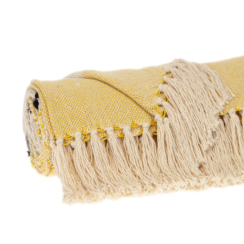 50" X 60" Yellow and Ivory Woven Cotton Striped Throw Blanket with Tassels — view 3