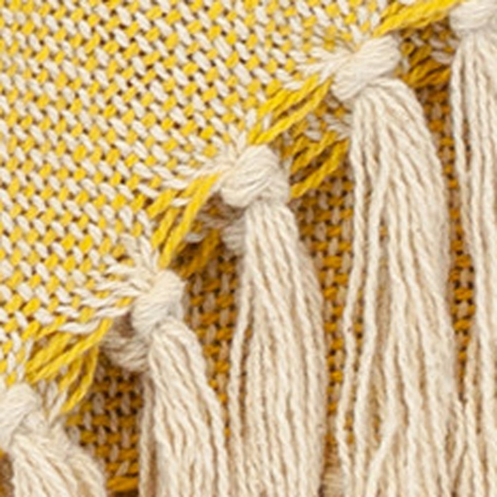 50" X 60" Yellow and Ivory Woven Cotton Striped Throw Blanket with Tassels — view 4
