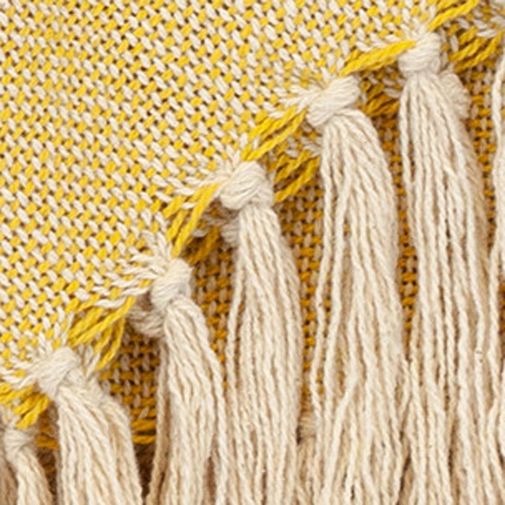 50" X 60" Yellow and Ivory Woven Cotton Striped Throw Blanket with Tassels HomeRoots