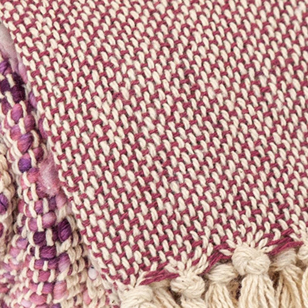 50" X 60" Purple and Ivory Woven Cotton Striped Throw Blanket with Tassels HomeRoots