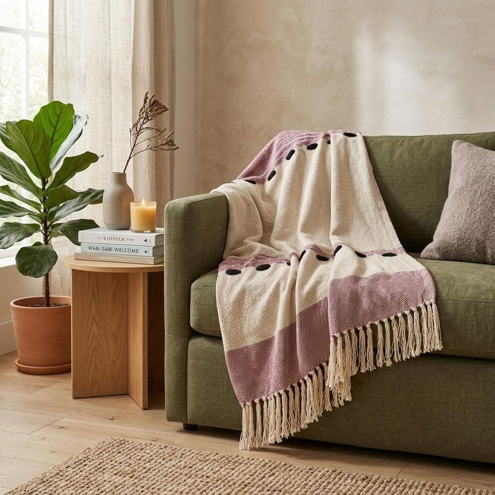 50" X 60" Purple and Ivory Woven Cotton Striped Throw Blanket with Tassels HomeRoots