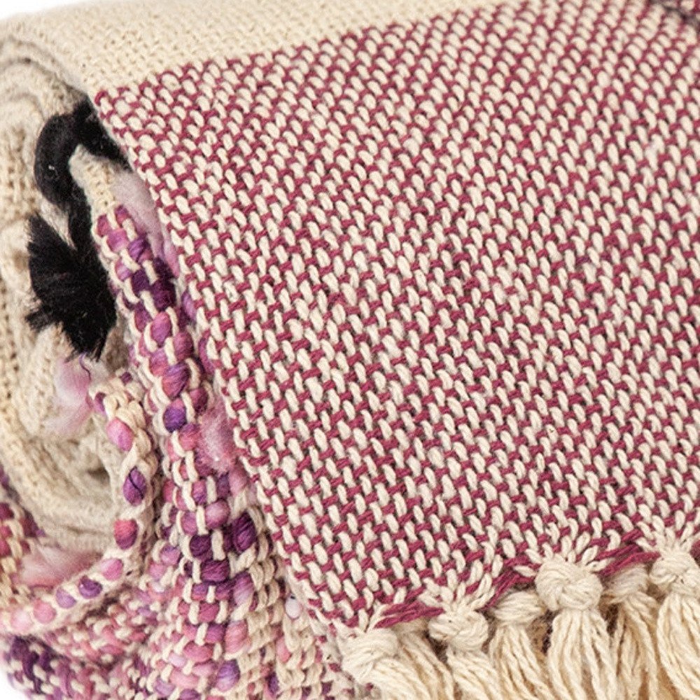 50" X 60" Purple and Ivory Woven Cotton Striped Throw Blanket with Tassels HomeRoots