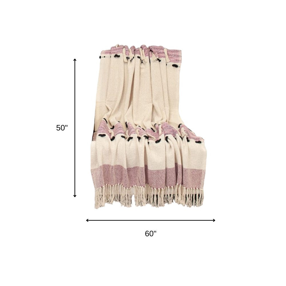 50" X 60" Purple and Ivory Woven Cotton Striped Throw Blanket with Tassels — view 6