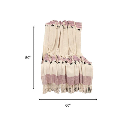 50" X 60" Purple and Ivory Woven Cotton Striped Throw Blanket with Tassels HomeRoots
