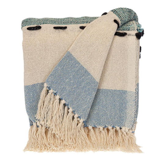 50" X 60" Blue and Ivory Woven Cotton Striped Throw Blanket with Tassels HomeRoots