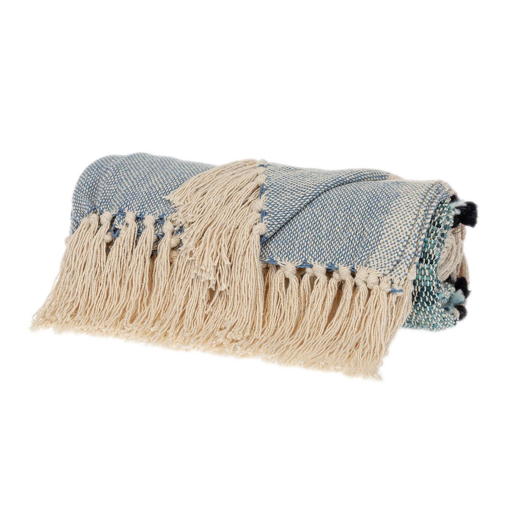 50" X 60" Blue and Ivory Woven Cotton Striped Throw Blanket with Tassels HomeRoots