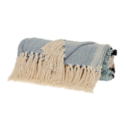 50" X 60" Blue and Ivory Woven Cotton Striped Throw Blanket with Tassels HomeRoots