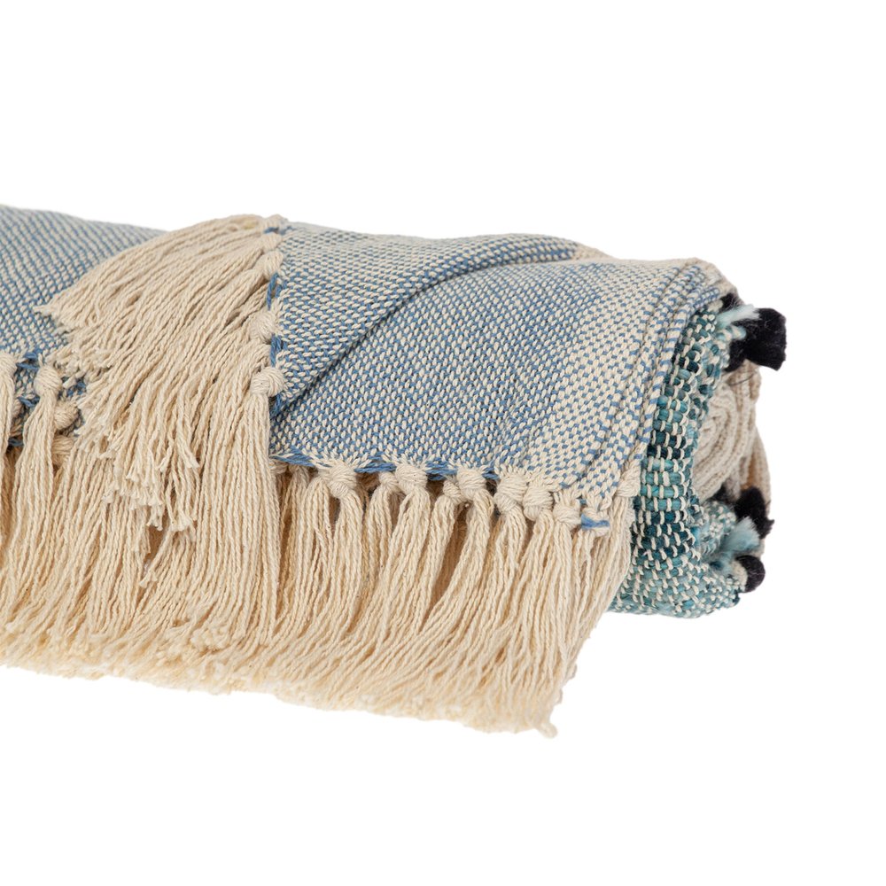 50" X 60" Blue and Ivory Woven Cotton Striped Throw Blanket with Tassels — view 3