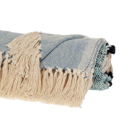 50" X 60" Blue and Ivory Woven Cotton Striped Throw Blanket with Tassels HomeRoots