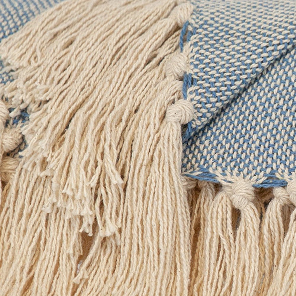 50" X 60" Blue and Ivory Woven Cotton Striped Throw Blanket with Tassels — view 4
