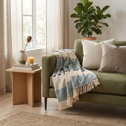 50" X 60" Blue and Ivory Woven Cotton Striped Throw Blanket with Tassels HomeRoots