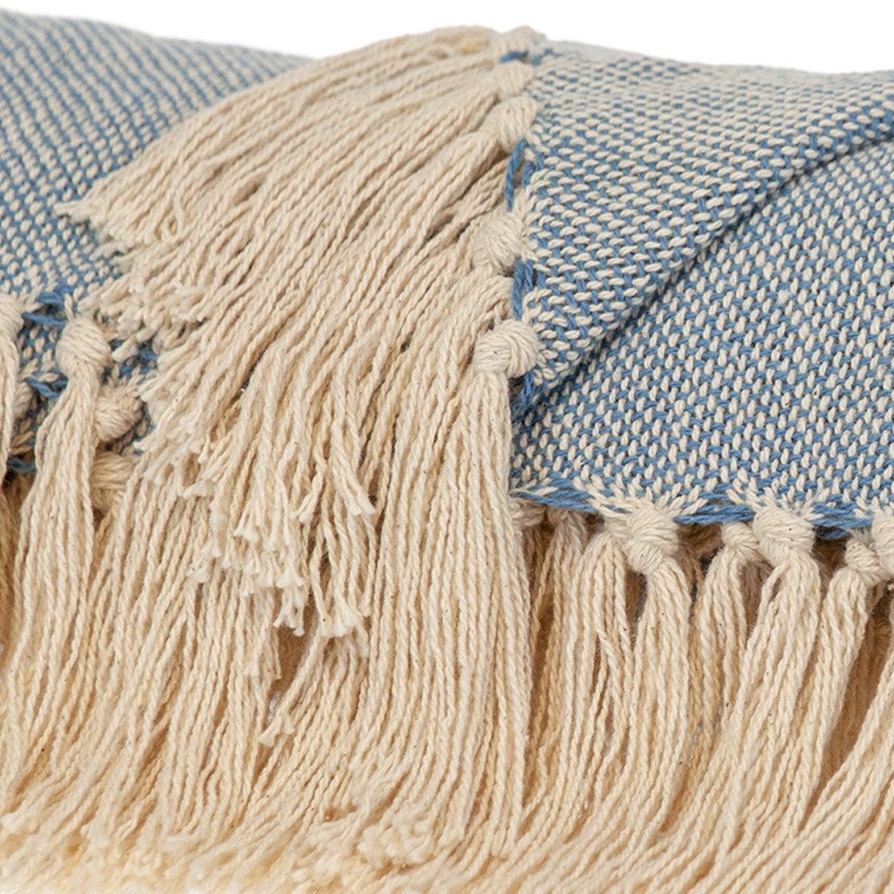 50" X 60" Blue and Ivory Woven Cotton Striped Throw Blanket with Tassels HomeRoots