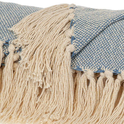 50" X 60" Blue and Ivory Woven Cotton Striped Throw Blanket with Tassels HomeRoots