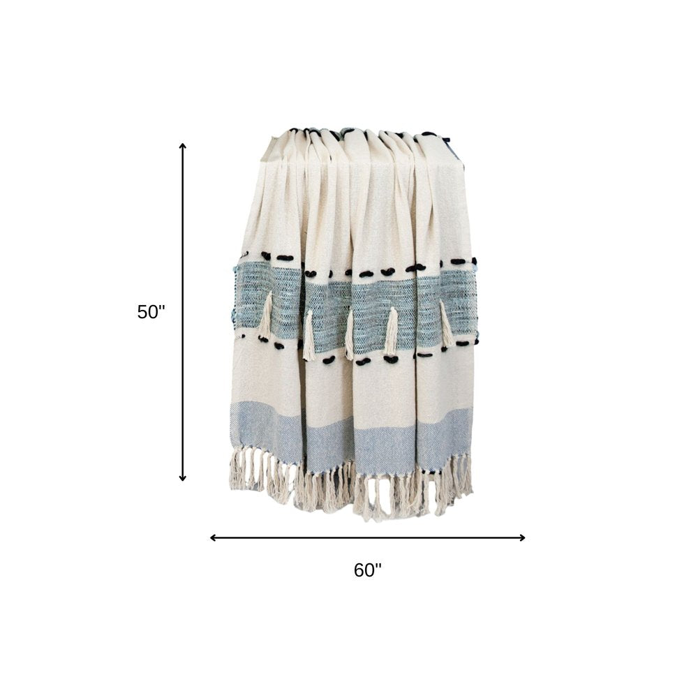 50" X 60" Blue and Ivory Woven Cotton Striped Throw Blanket with Tassels — view 6