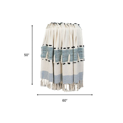 50" X 60" Blue and Ivory Woven Cotton Striped Throw Blanket with Tassels HomeRoots