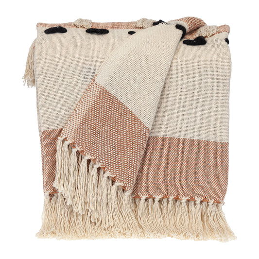 50" X 60" Brown and Ivory Woven Cotton Striped Throw Blanket with Tassels