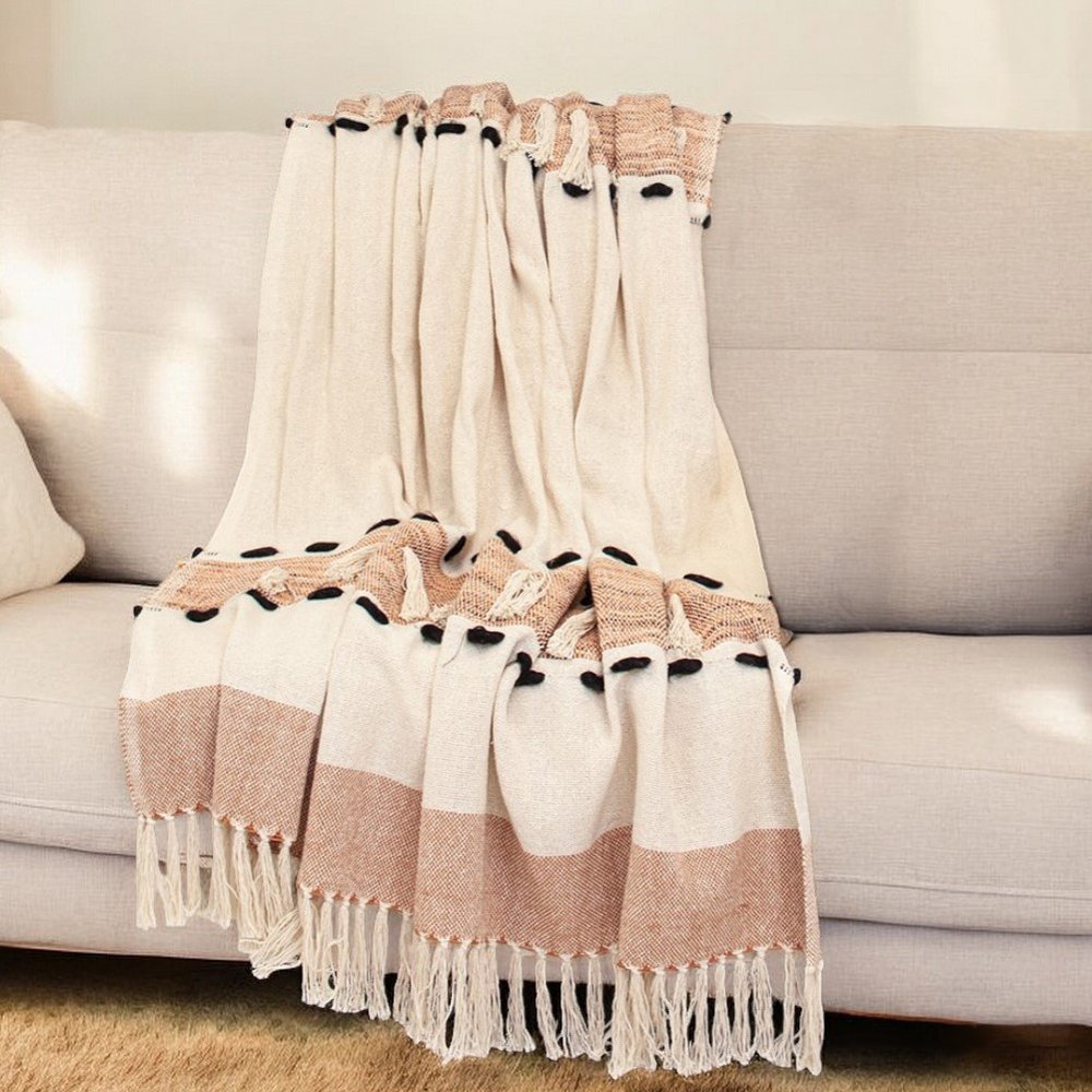 50" X 60" Brown and Ivory Woven Cotton Striped Throw Blanket with Tassels HomeRoots