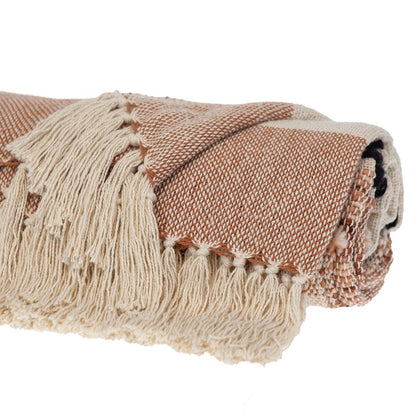 50" X 60" Brown and Ivory Woven Cotton Striped Throw Blanket with Tassels HomeRoots
