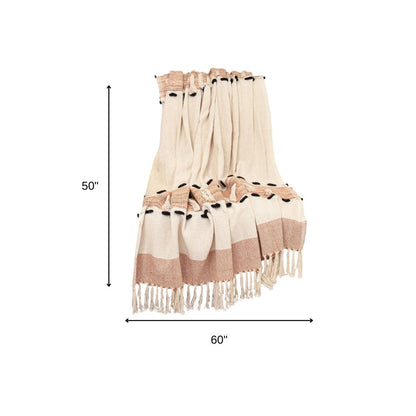 50" X 60" Brown and Ivory Woven Cotton Striped Throw Blanket with Tassels HomeRoots