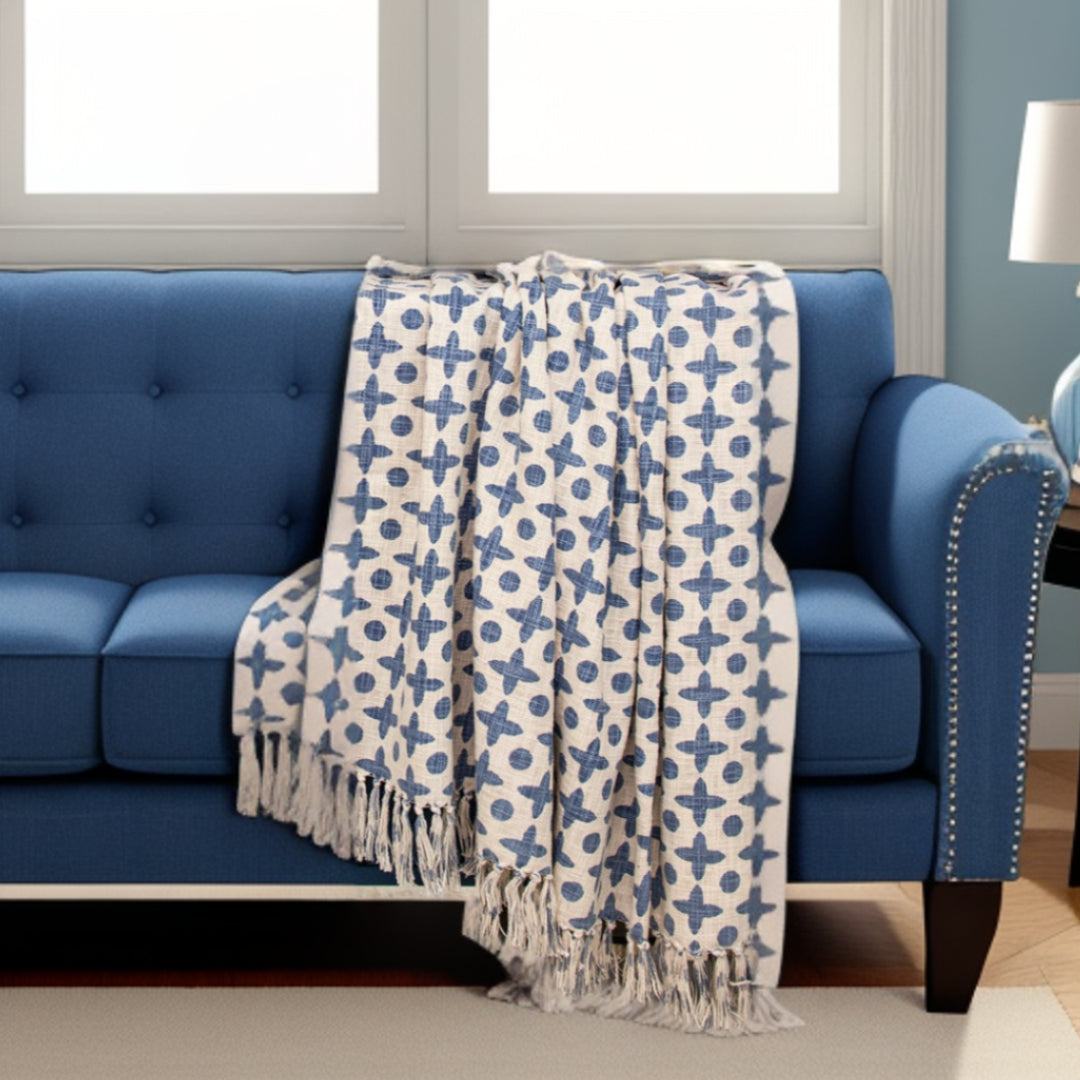 Blue Woven Cotton Abstract Throw Blanket