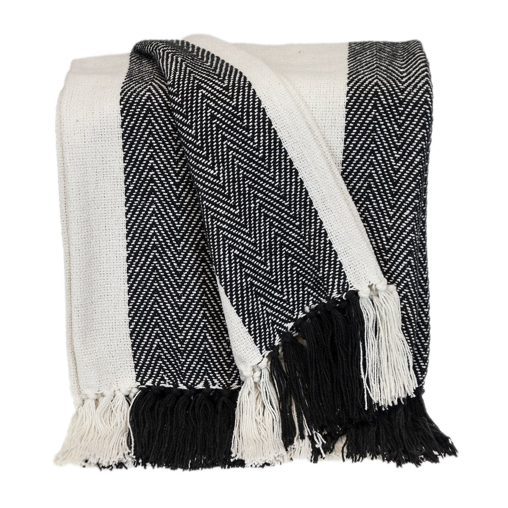 Black and White Woven Cotton Striped Throw Blanket — view 1