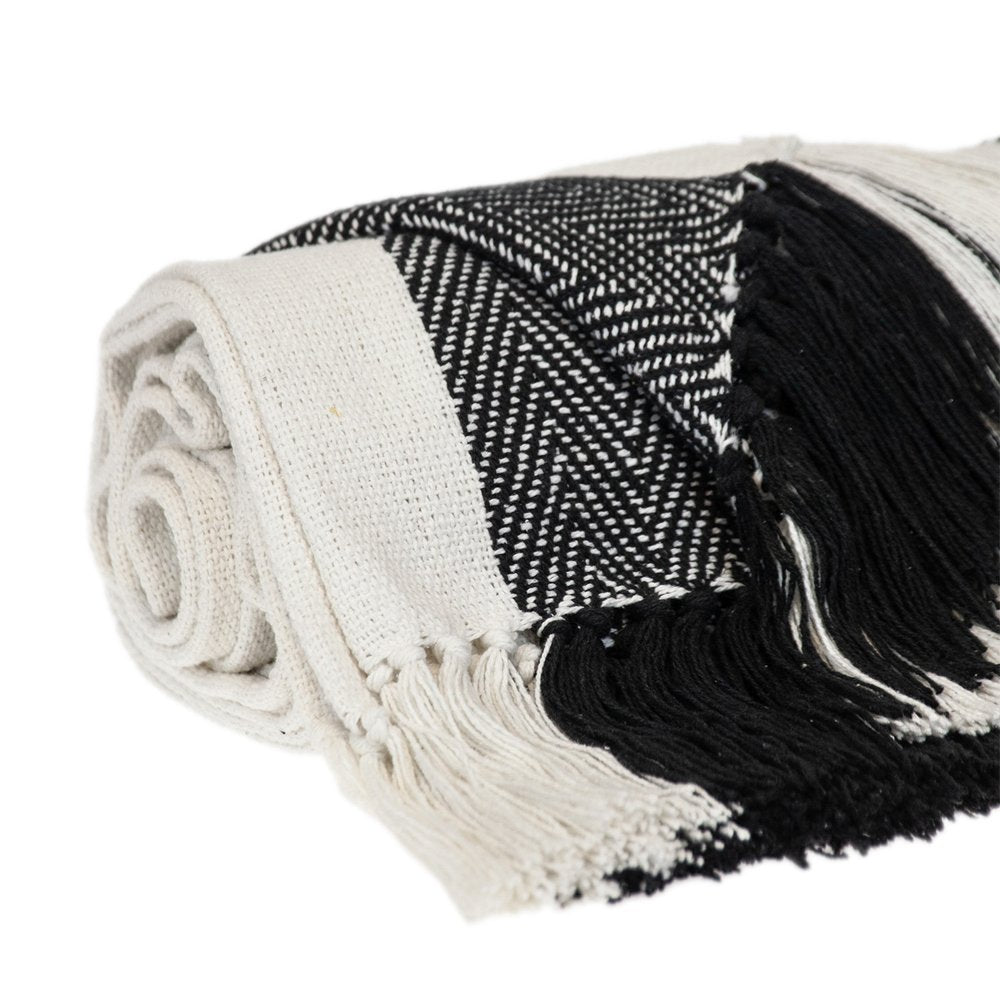 Black and White Woven Cotton Striped Throw Blanket HomeRoots