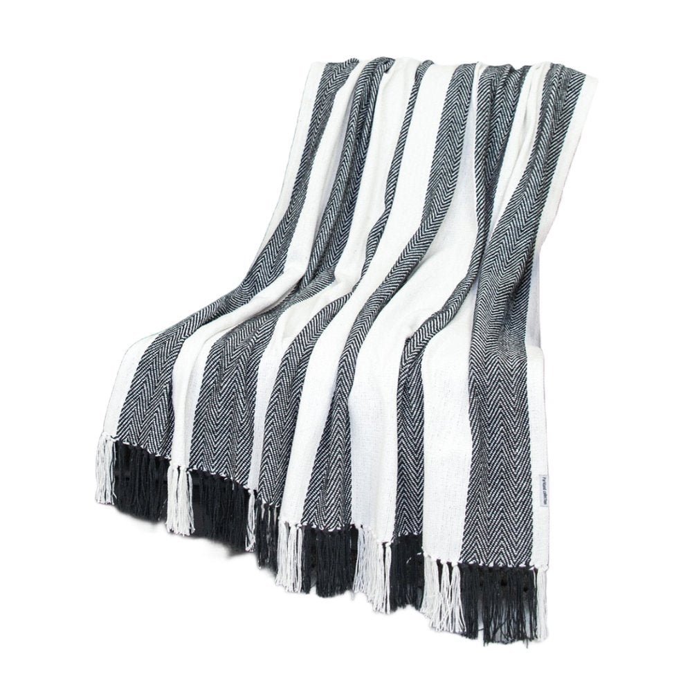 Black and White Woven Cotton Striped Throw Blanket — view 4