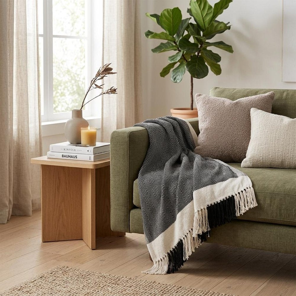 Black and White Woven Cotton Striped Throw Blanket — view 8