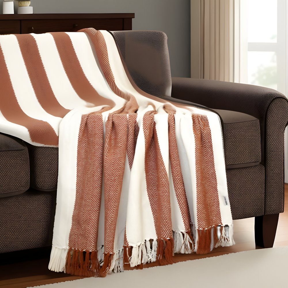 Burnt Orange Woven Cotton Striped Throw Blanket HomeRoots