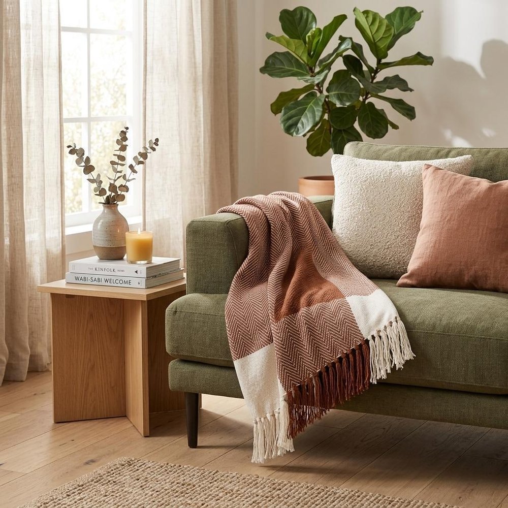 Burnt Orange Woven Cotton Striped Throw Blanket — view 8