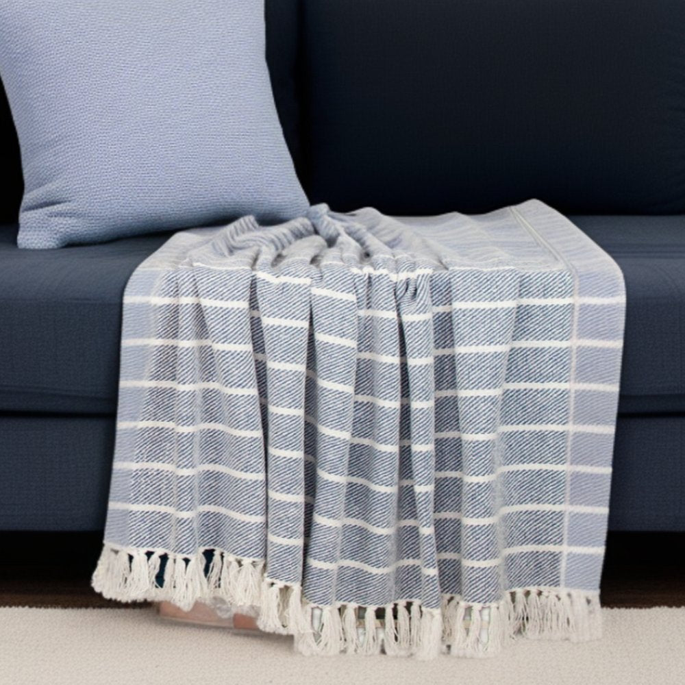 Blue Woven Cotton Striped Throw Blanket HomeRoots