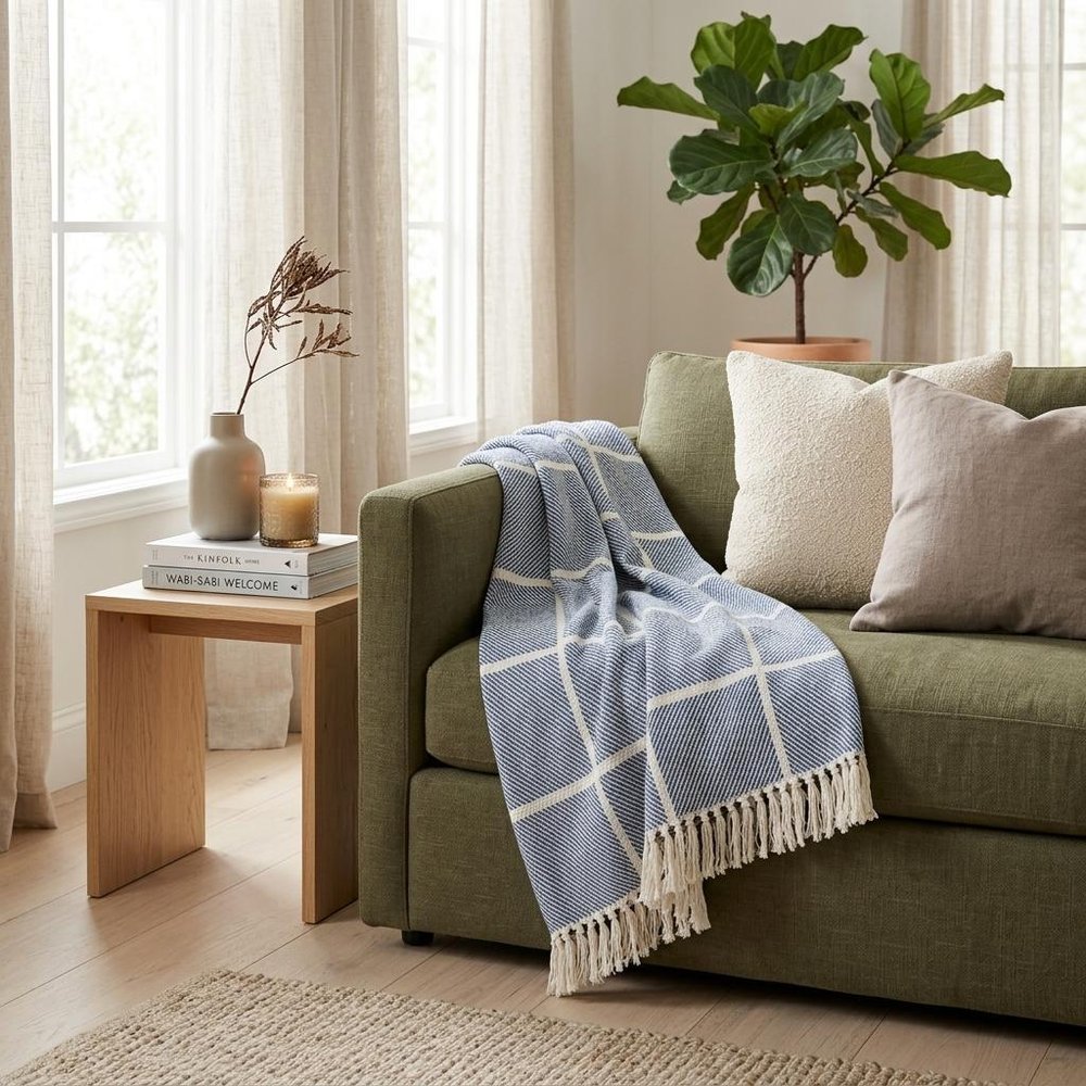 Blue Woven Cotton Striped Throw Blanket HomeRoots