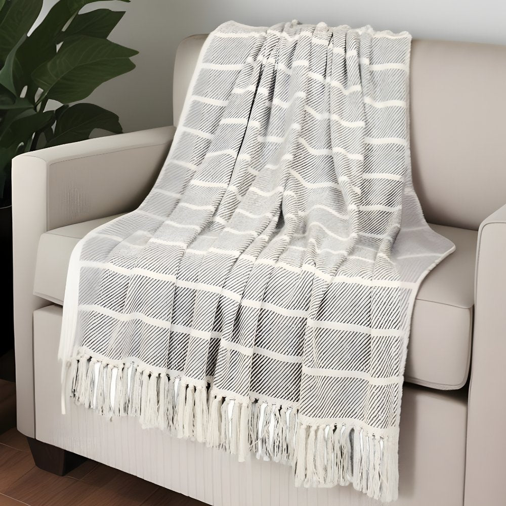 Gray Woven Cotton Striped Throw Blanket HomeRoots