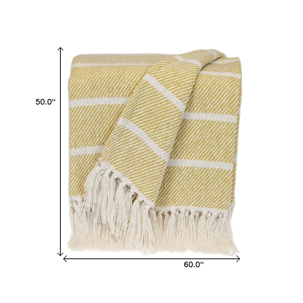 50" X 60" White And Yellow Striped Cotton Woven Throw Blanket HomeRoots