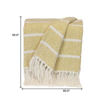 50" X 60" White And Yellow Striped Cotton Woven Throw Blanket HomeRoots