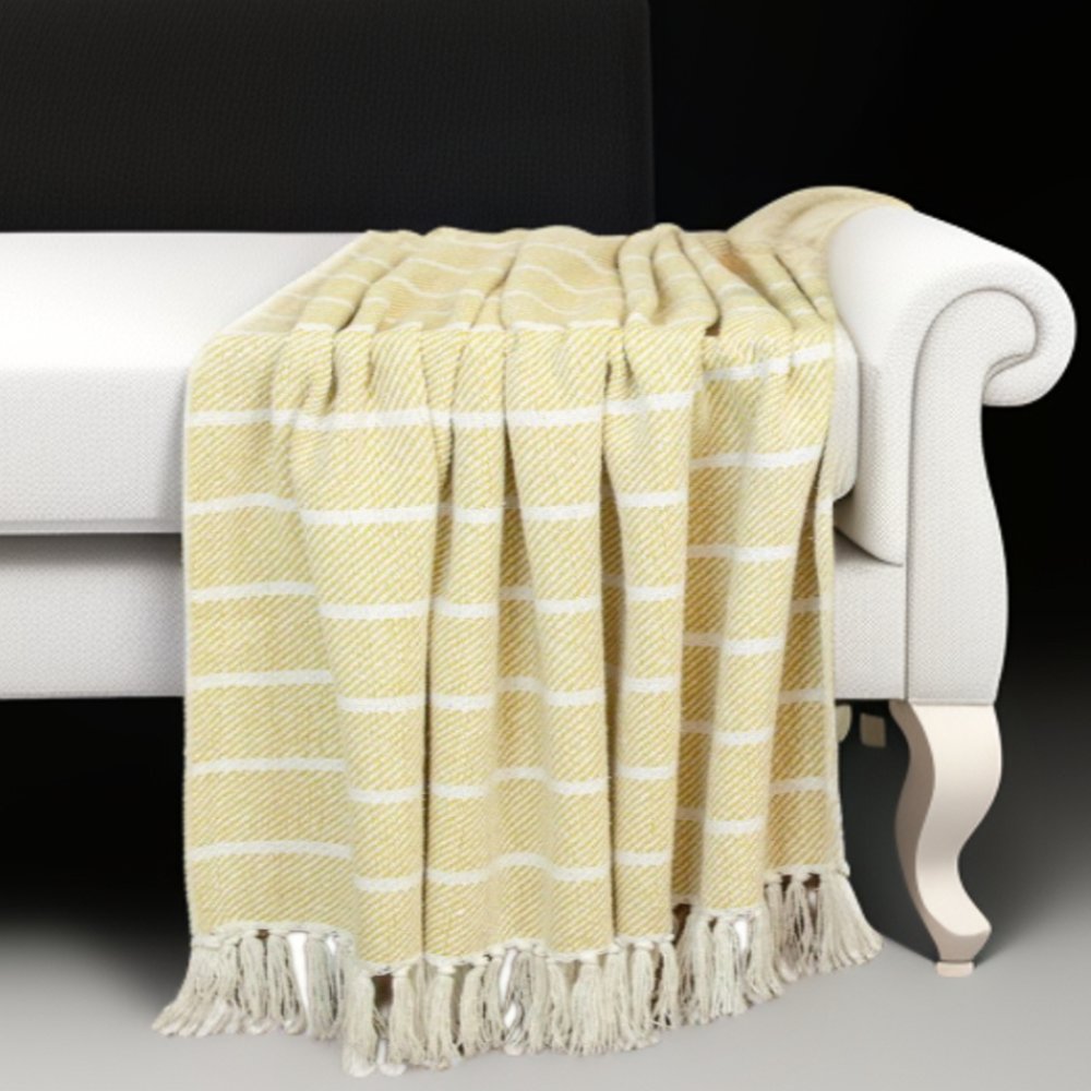 50" X 60" White And Yellow Striped Cotton Woven Throw Blanket HomeRoots