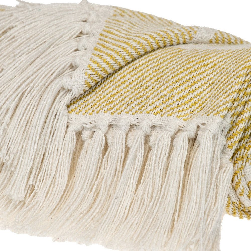 50" X 60" White And Yellow Striped Cotton Woven Throw Blanket HomeRoots