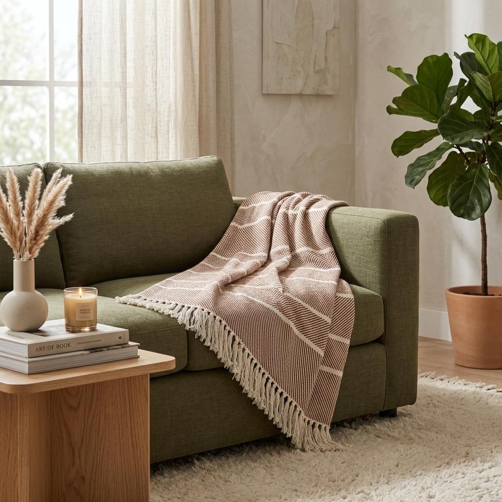 Burnt Orange Woven Cotton Striped Throw Blanket — view 8