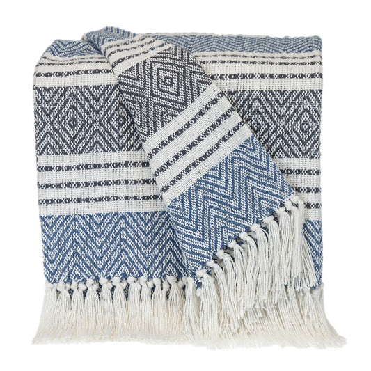 Blue Woven Cotton Striped Throw Blanket HomeRoots