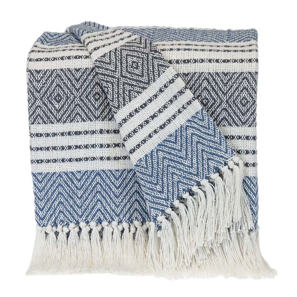Blue Woven Cotton Striped Throw Blanket HomeRoots
