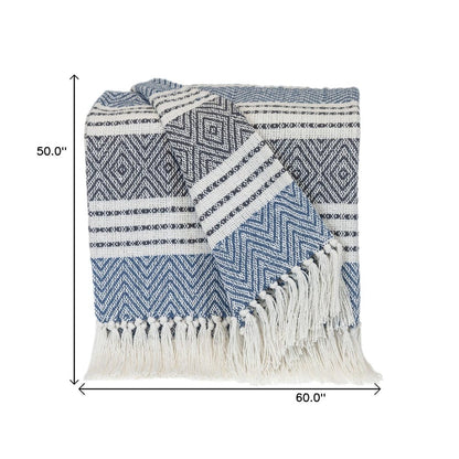 Blue Woven Cotton Striped Throw Blanket HomeRoots