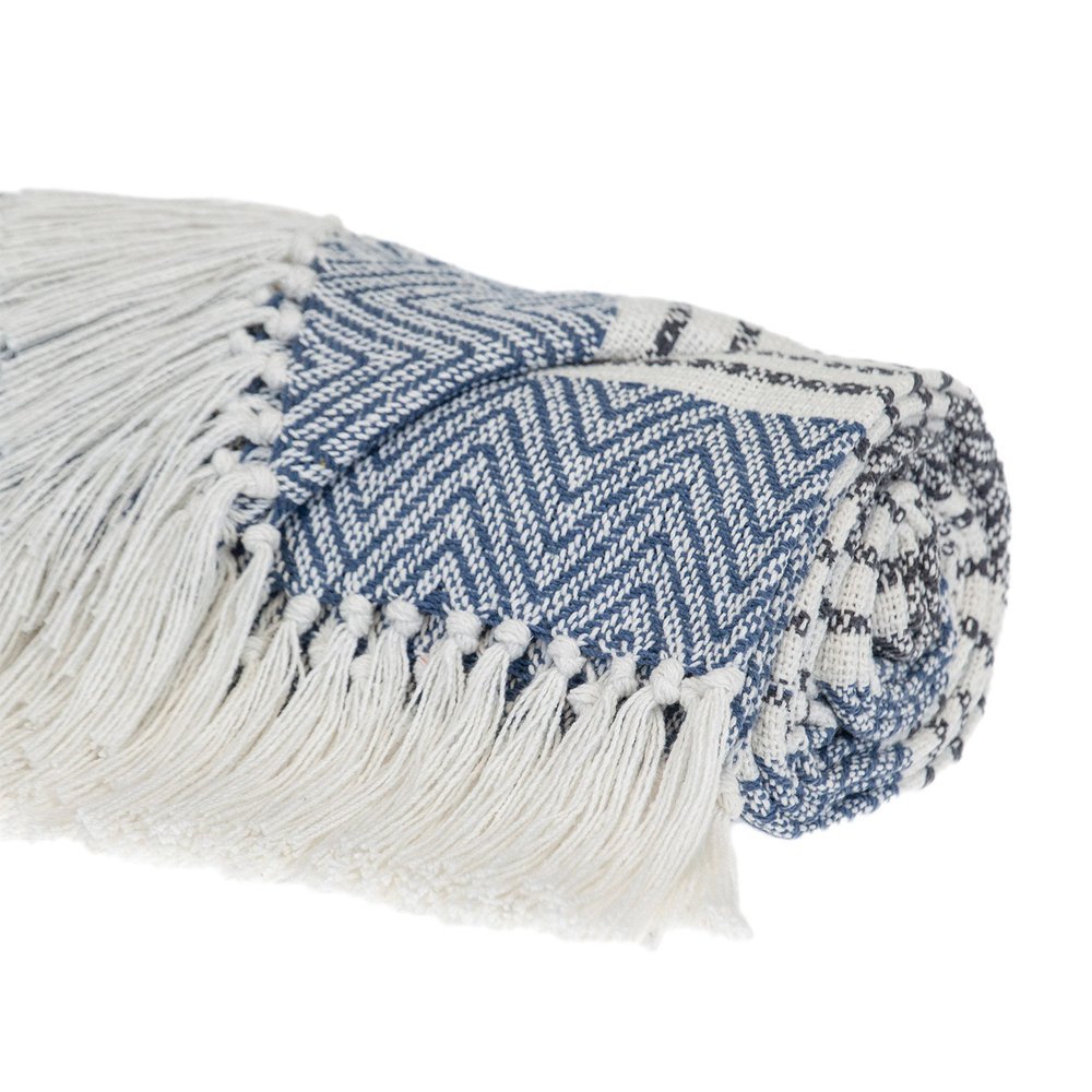 Blue Woven Cotton Striped Throw Blanket HomeRoots
