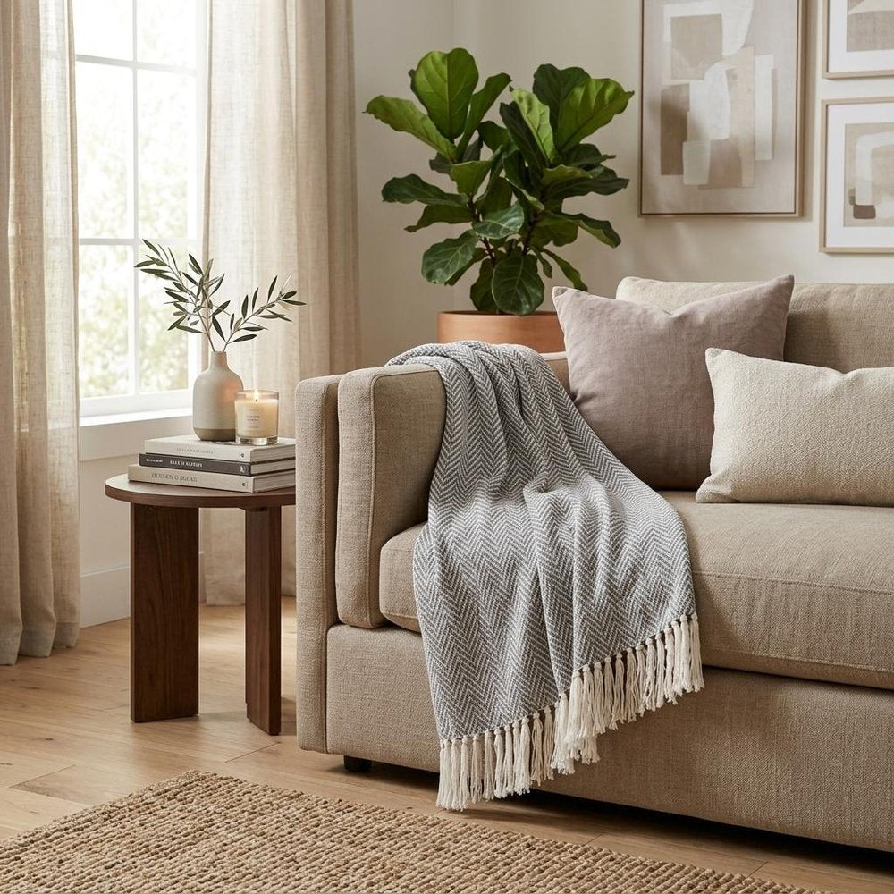 Charcoal Woven Cotton Striped Throw Blanket HomeRoots