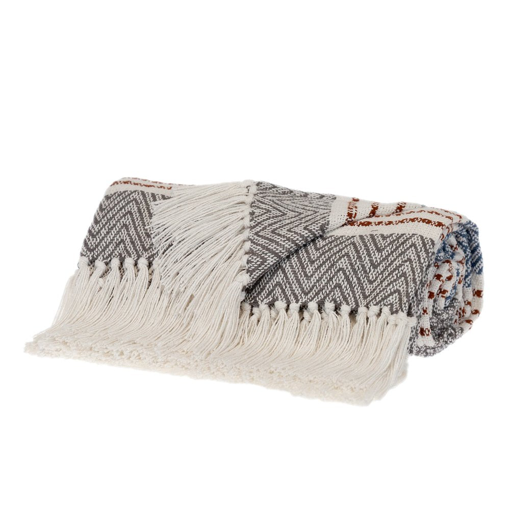 Gray and White Woven Cotton Striped Throw Blanket HomeRoots