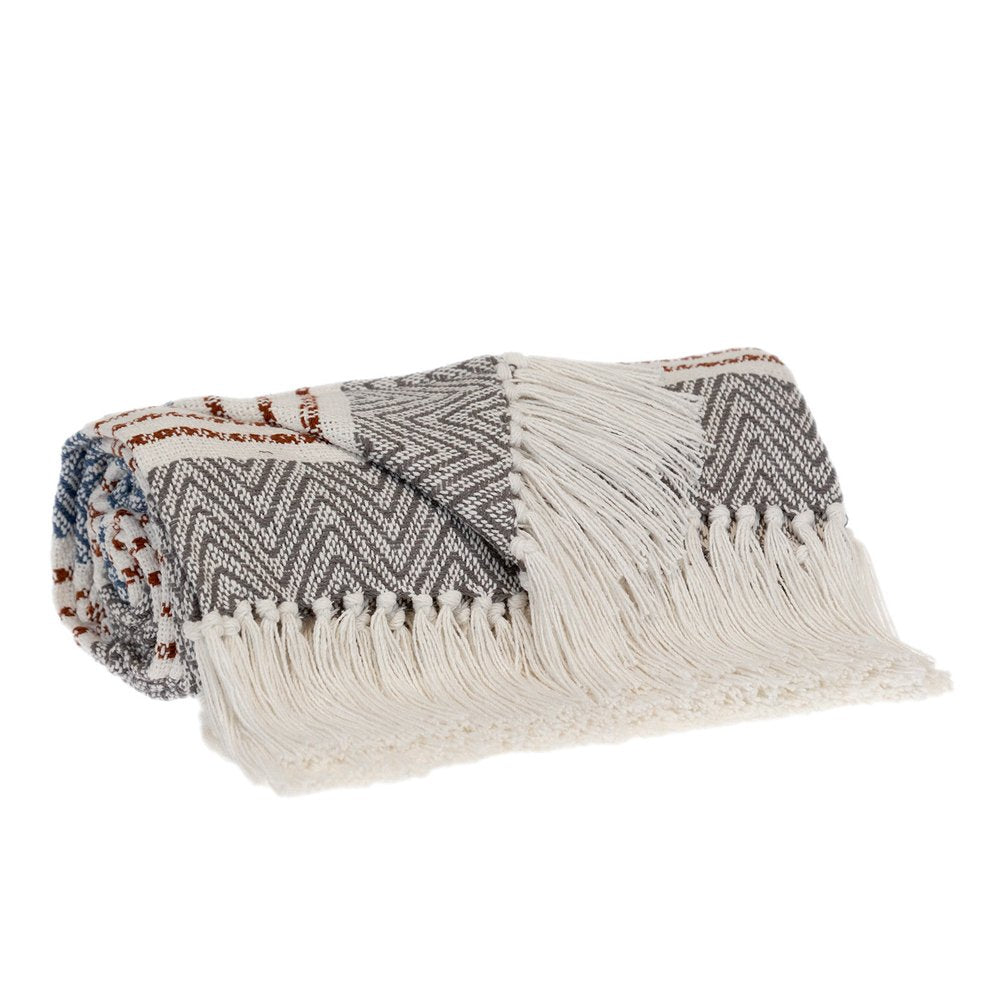 Gray and White Woven Cotton Striped Throw Blanket — view 6