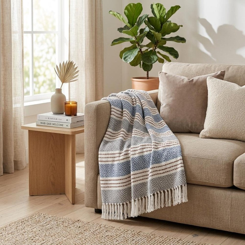 Gray and White Woven Cotton Striped Throw Blanket HomeRoots